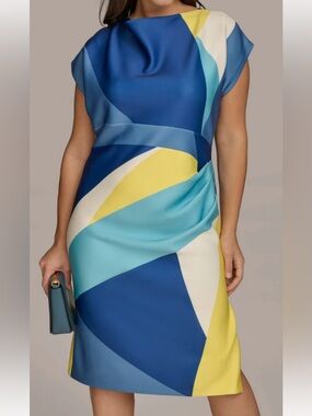 Donna Karan NWT 22W Scuba Knit Sheath Dress Colorblock Blue Yellow Modern